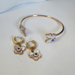 Gold Cuff Bracelet & Huggie Earrings Evil Eye Butterfly Set